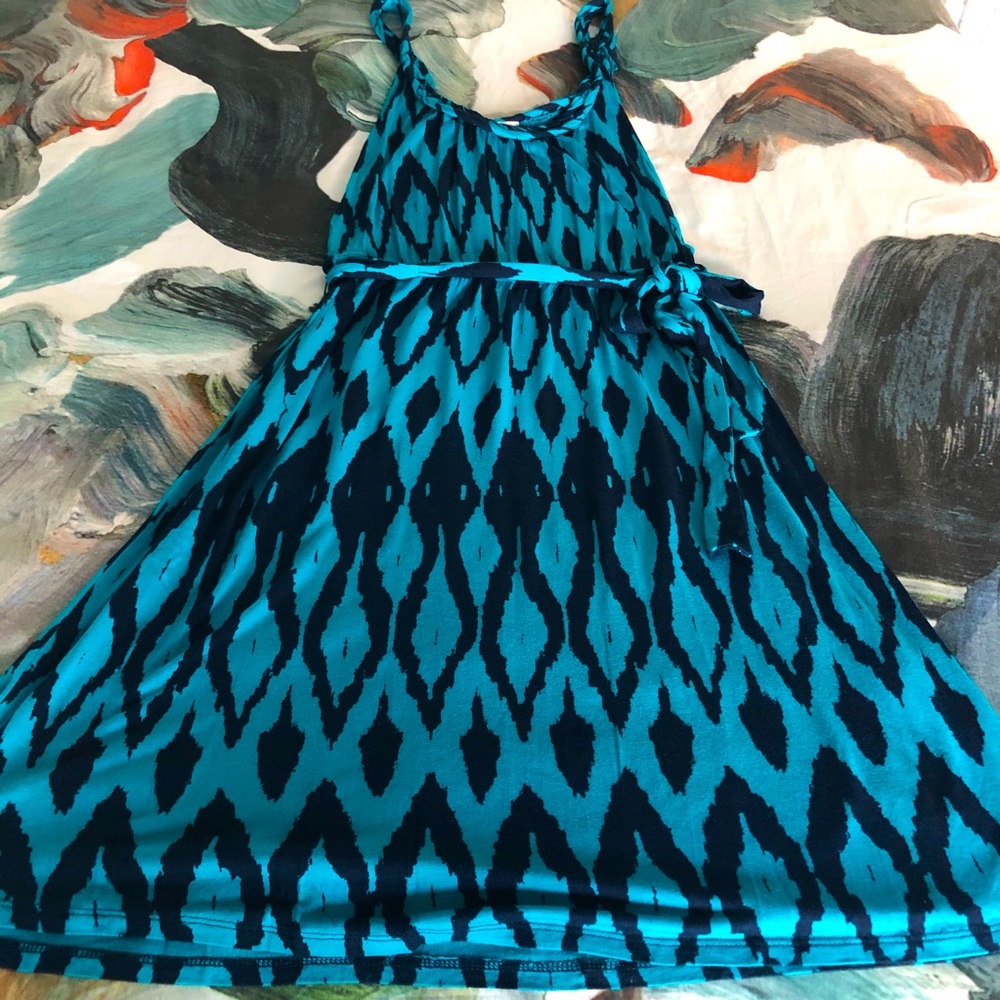 Gap print dress with tie waist and braided scoop neck straps